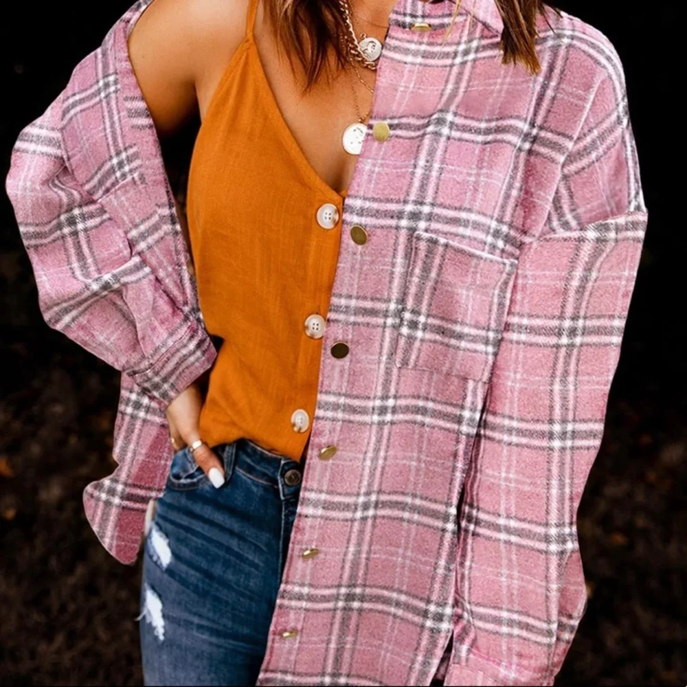New Plaid Stripe Pink Flannel Shirt Jacket Shacket - Picture 1 of 8